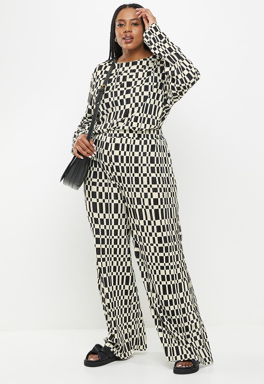 Me&B - Plus plisse with digital print trousers - stone & black 