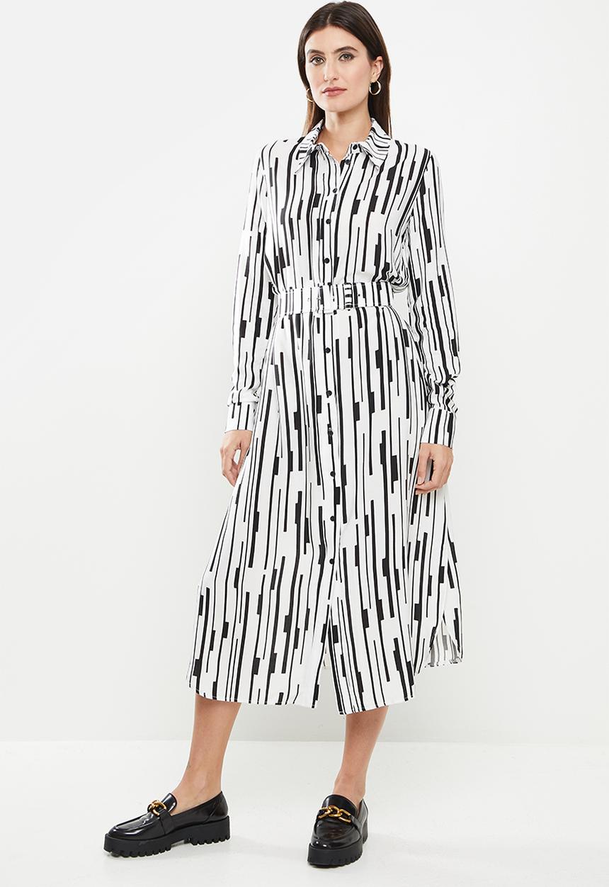 Me&B - Belted linen blend dress - black & white 
