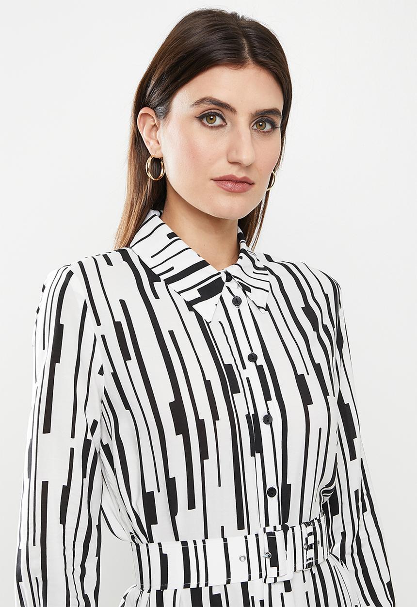 Me&B - Belted linen blend dress - black & white 
