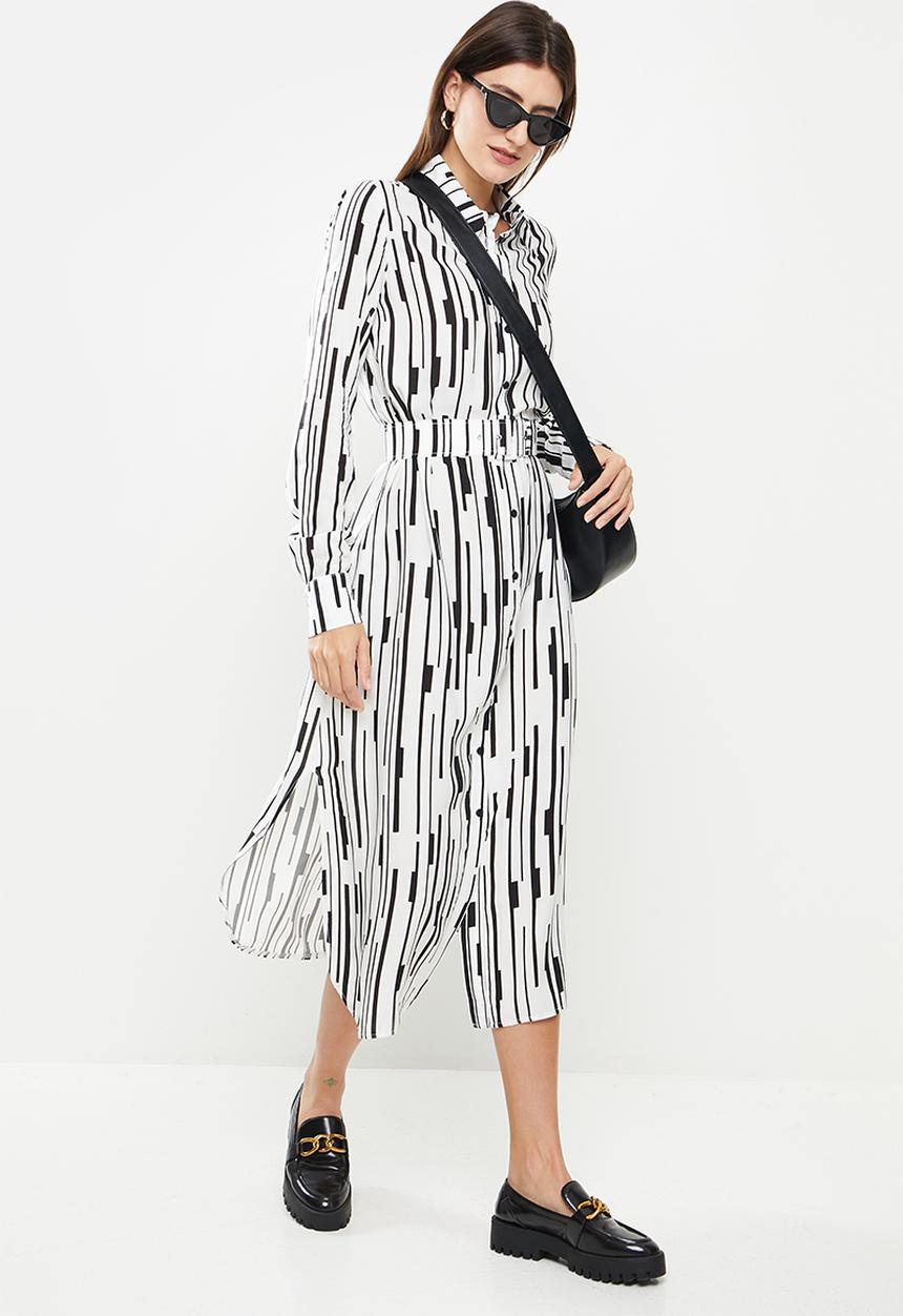 Me&B - Belted linen blend dress - black & white 