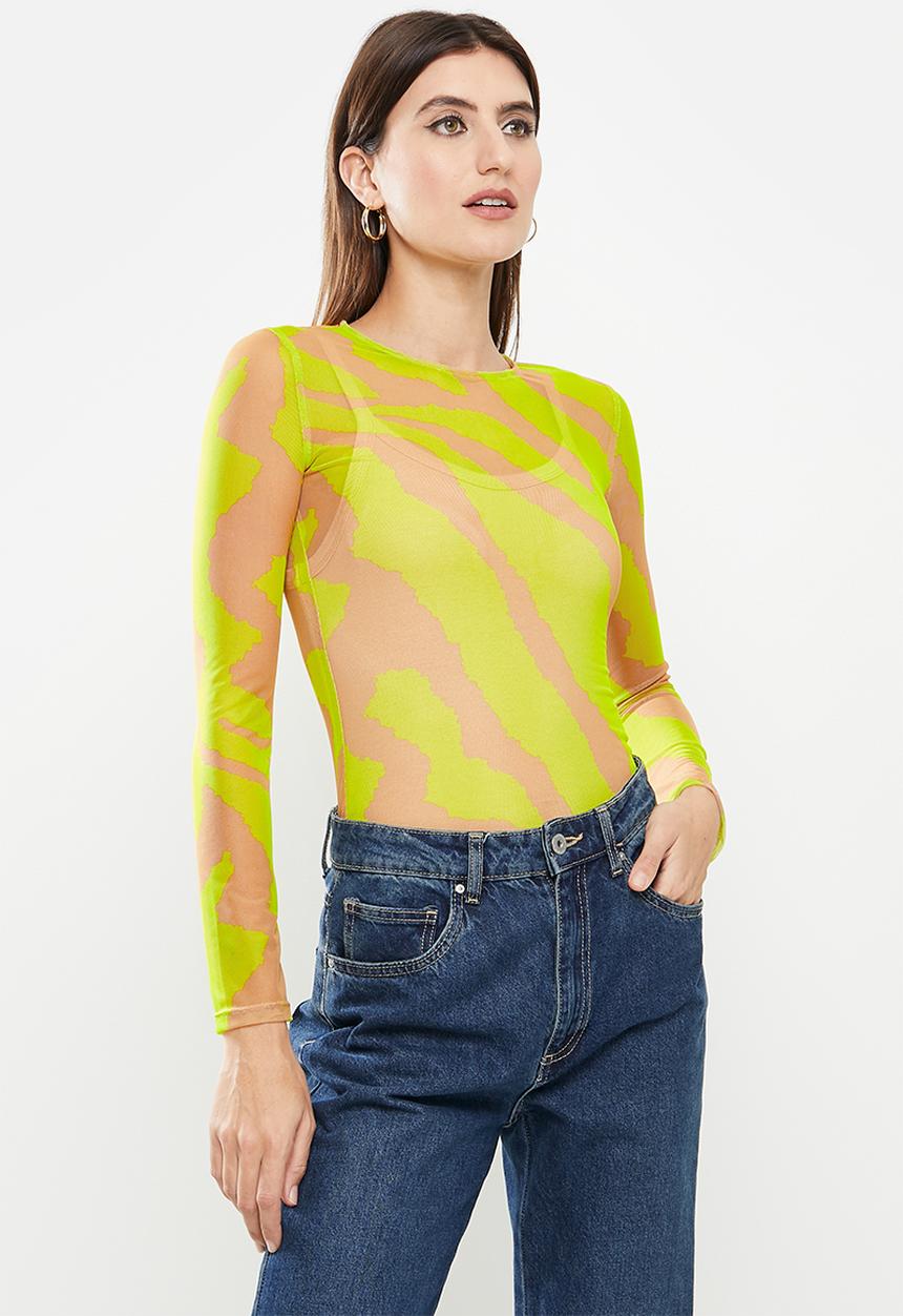Me&B - Mesh tee top long sleeve - green print