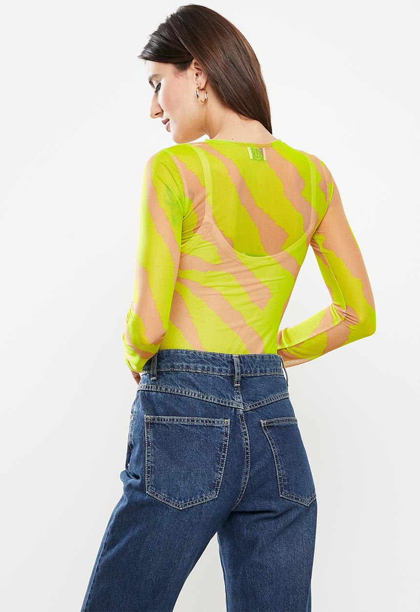 Me&B - Mesh tee top long sleeve - green print