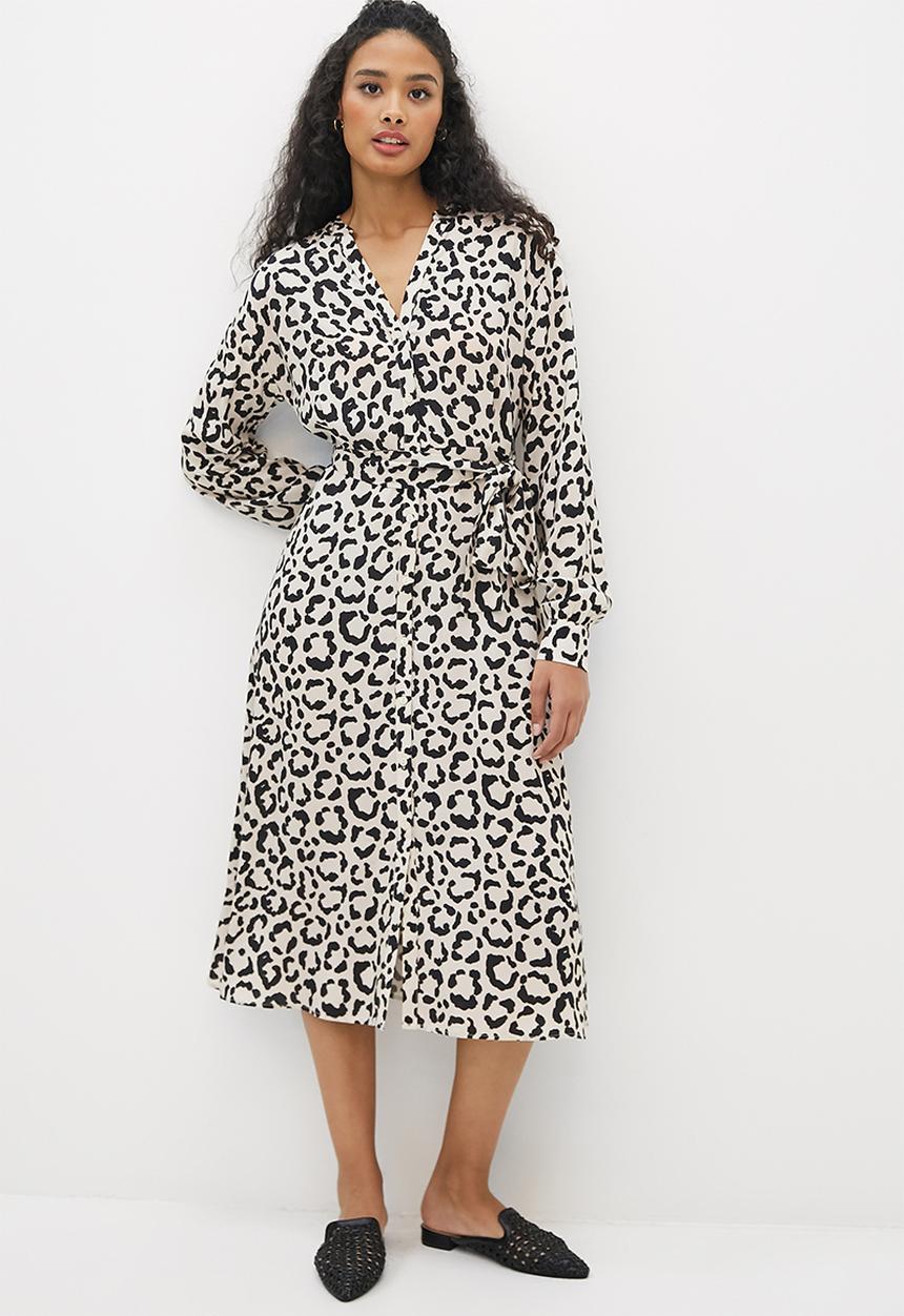 edit - Mandarin collar belted midi dress - mono animal