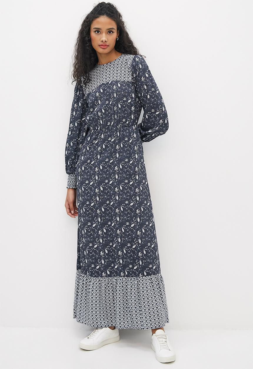 edit - Shirred balloon sleeve femme maxi - indigo mono ditsy