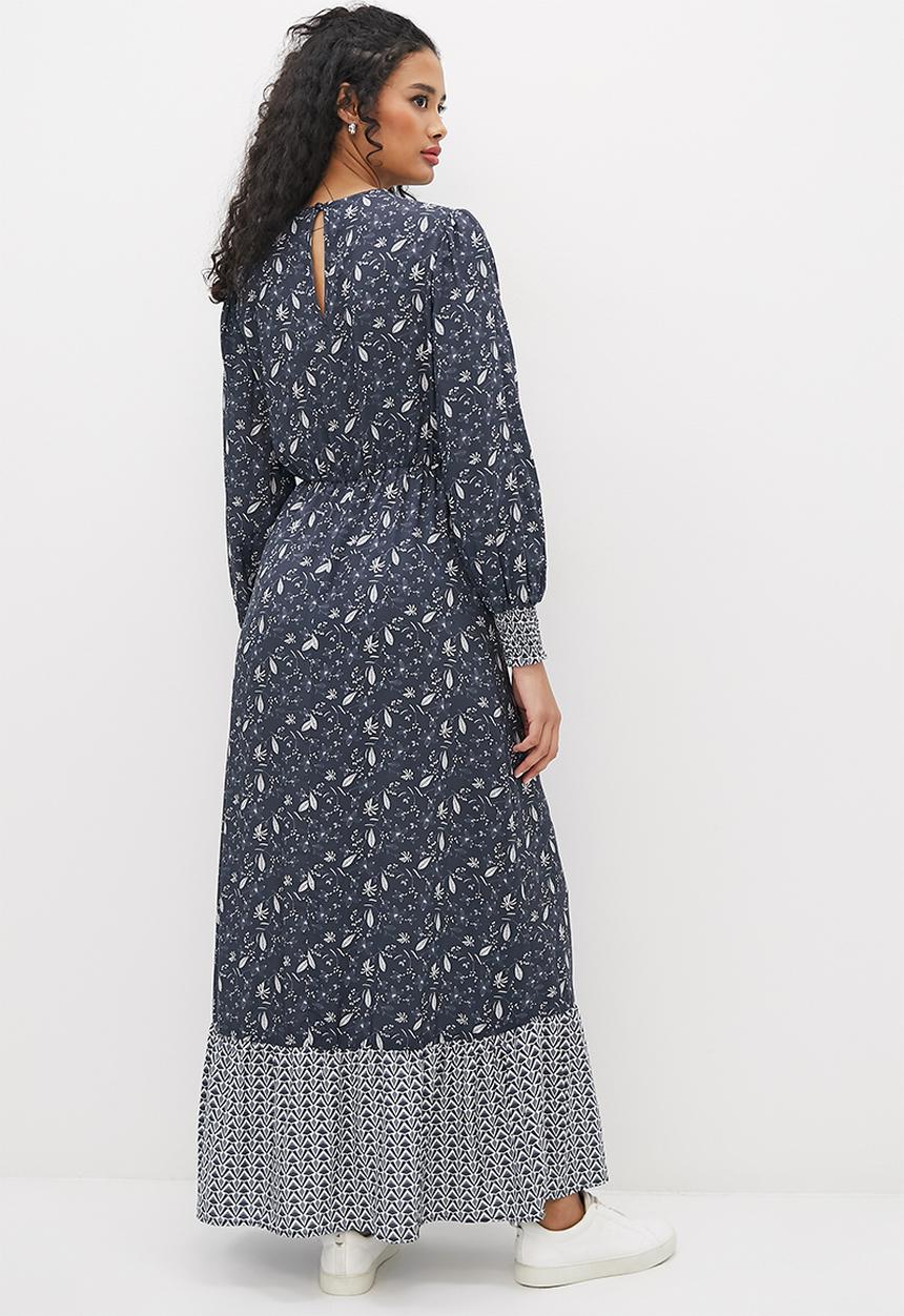 edit - Shirred balloon sleeve femme maxi - indigo mono ditsy