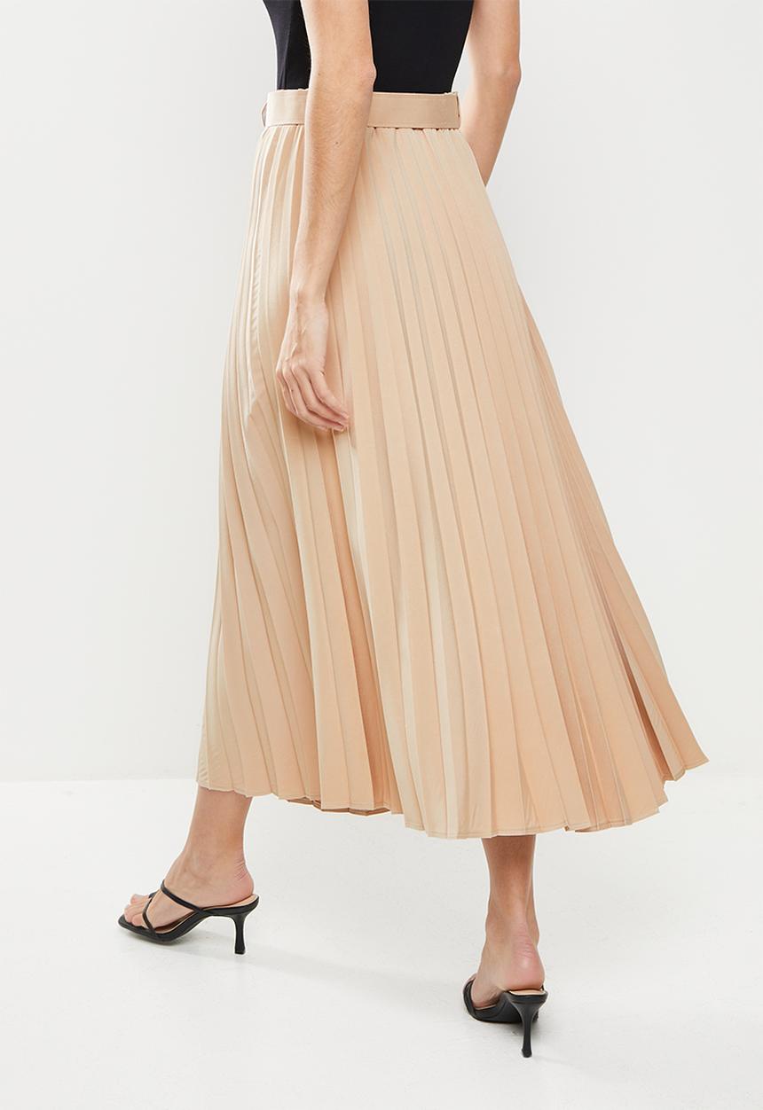 Me&B - Woven pleated skirt with fabric covered belt - tan
