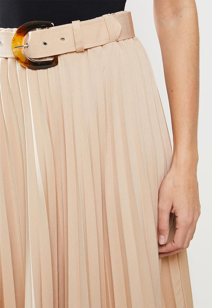 Me&B - Woven pleated skirt with fabric covered belt - tan