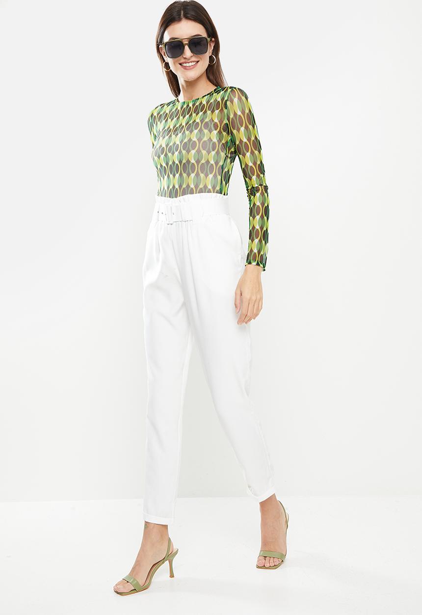 Me&B - Elastic easy pant with fabric covered belt - white