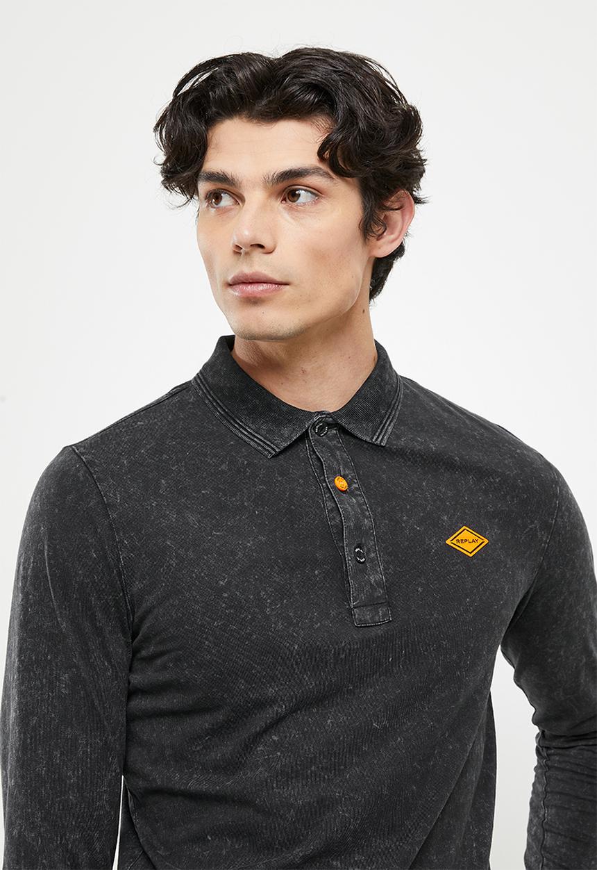 Replay - Replay long sleeve washed golfer - charcoal