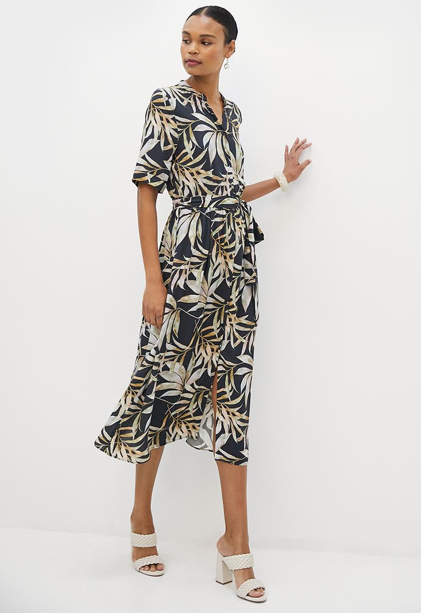 edit - Mandarin collar belted a-line midi - navy & green