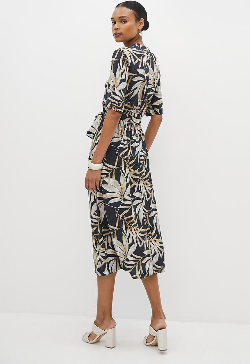 edit - Mandarin collar belted a-line midi - navy & green