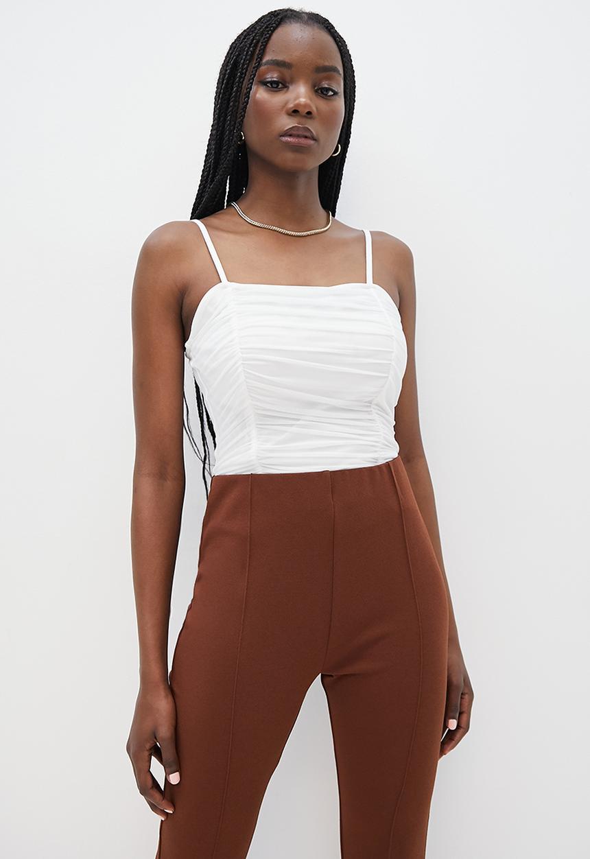 VELVET - Mesh ruching strappy bodysuit - ivory