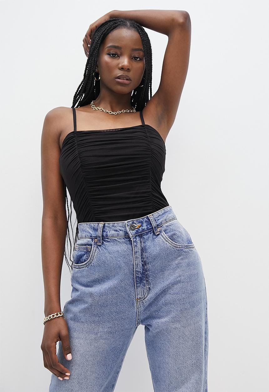 VELVET - Mesh ruching strappy bodysuit - black