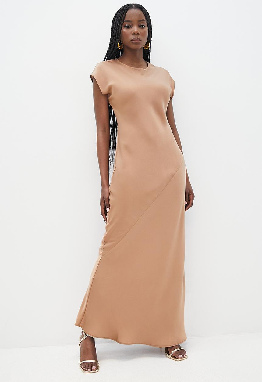 VELVET - Extend sleeve bias cut satin maxi dress - brown