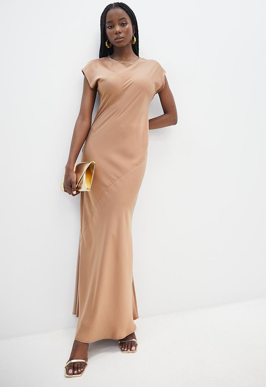 VELVET - Extend sleeve bias cut satin maxi dress - brown