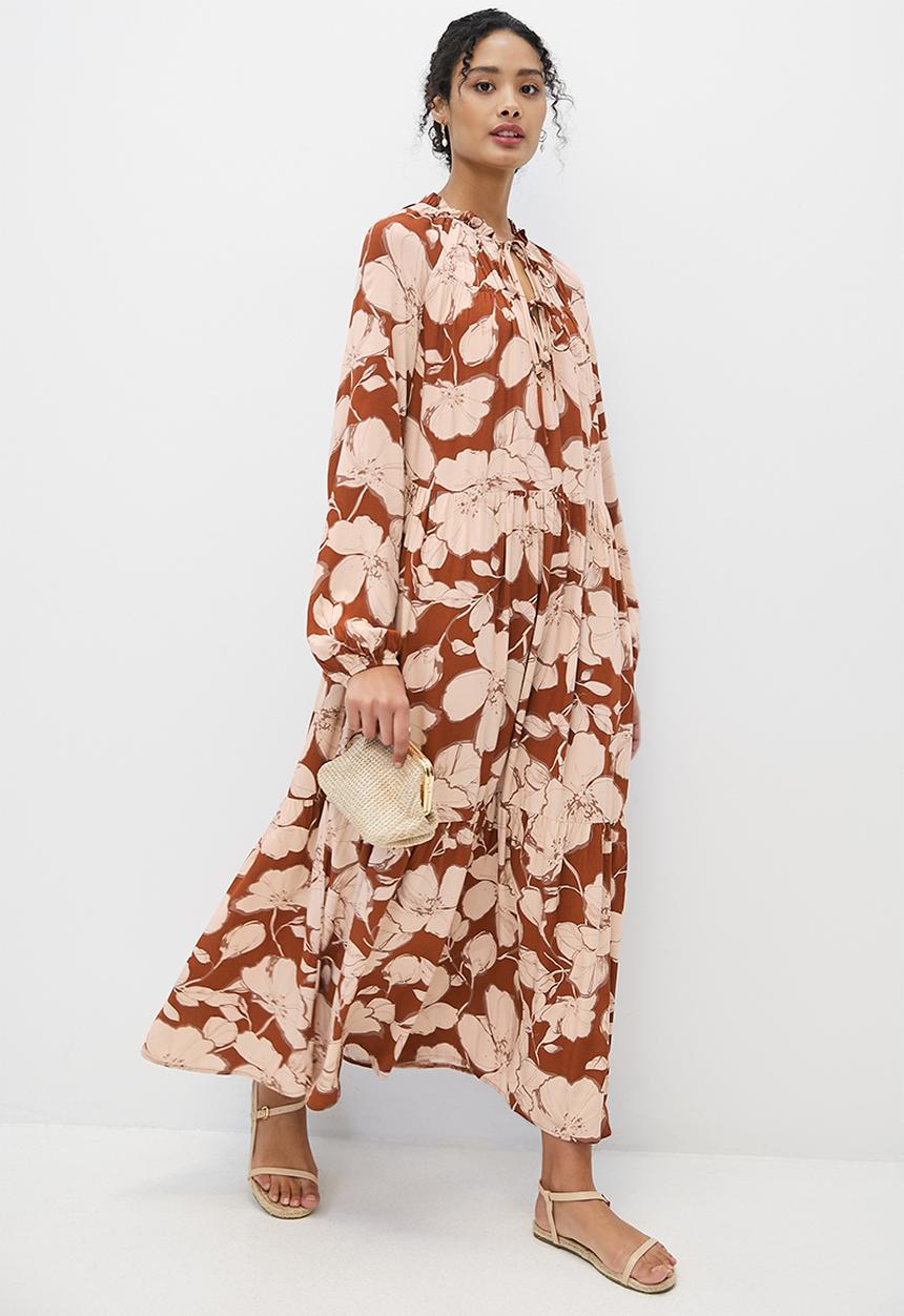 MILLA - Tie detail tiered maxi dress - rust 