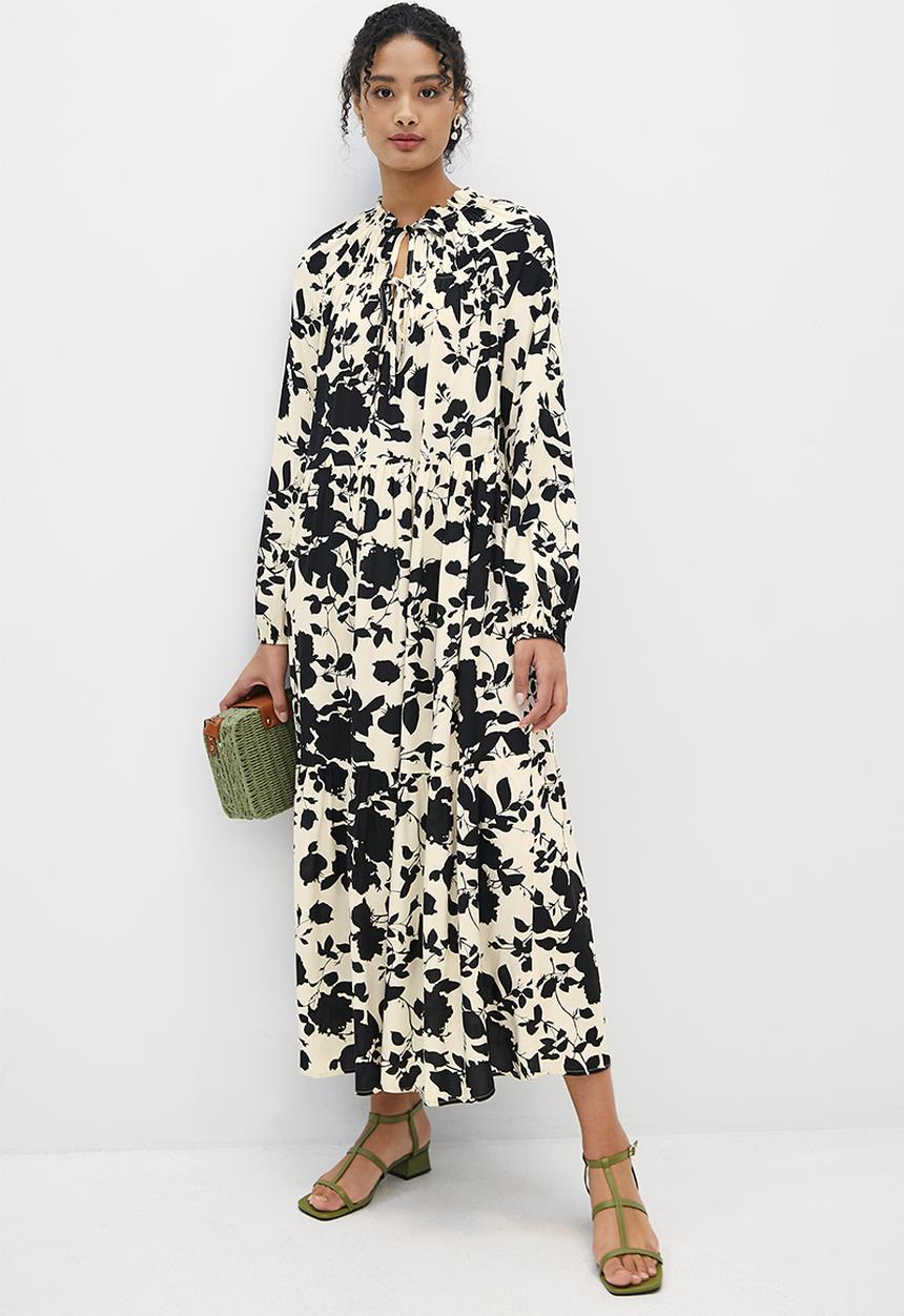 MILLA - Tie detail tiered maxi dress - ivory & black 