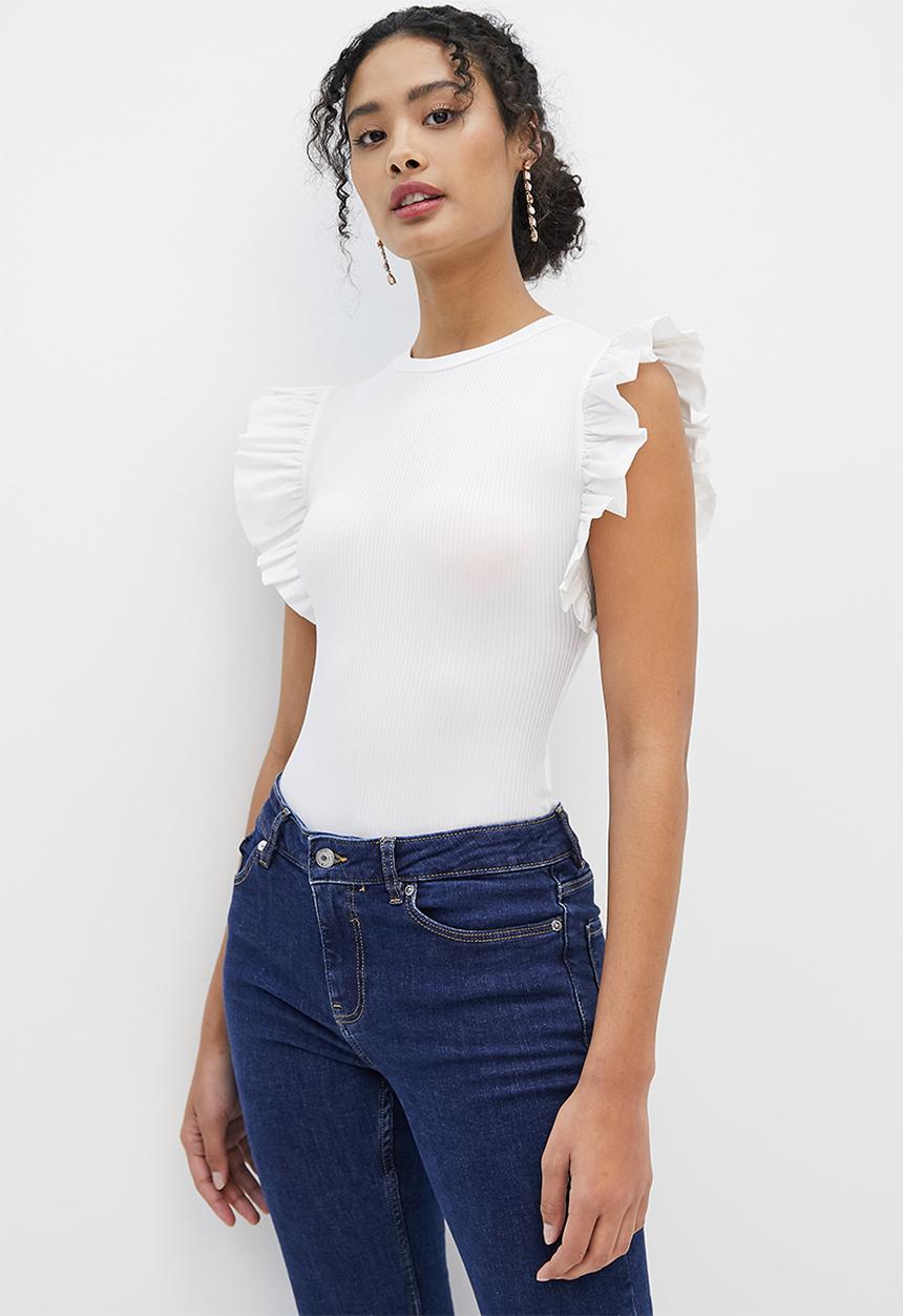 MILLA - Combo ruffle rib bodysuit - ivory