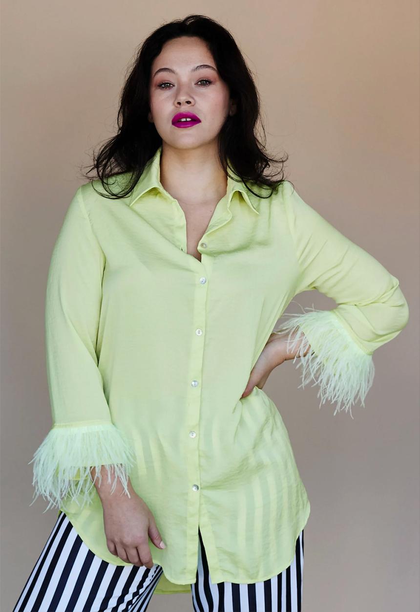 Me&B - Satin shirt with colour feathers - lime