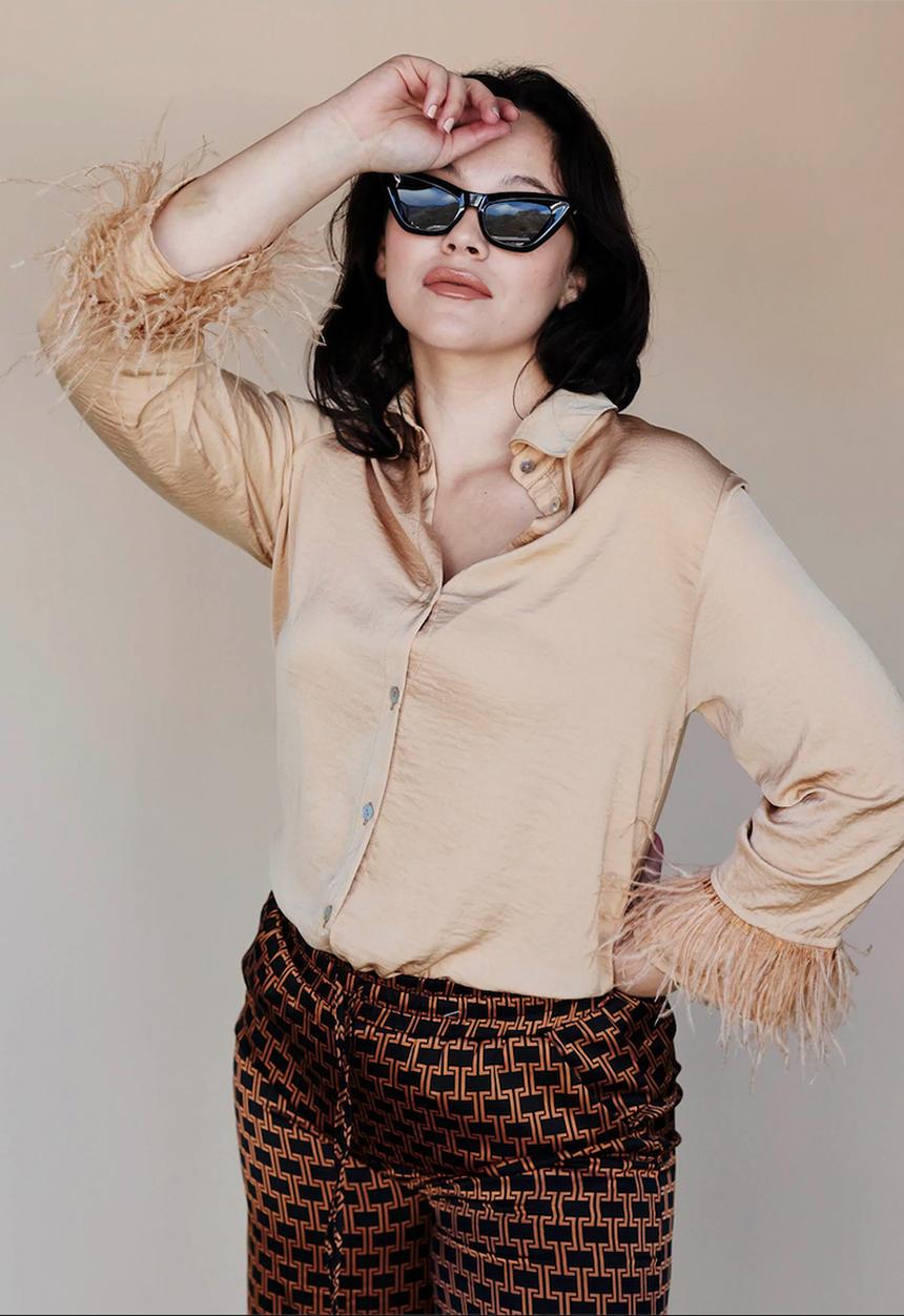 Me&B - Satin shirt with colour feathers - tan
