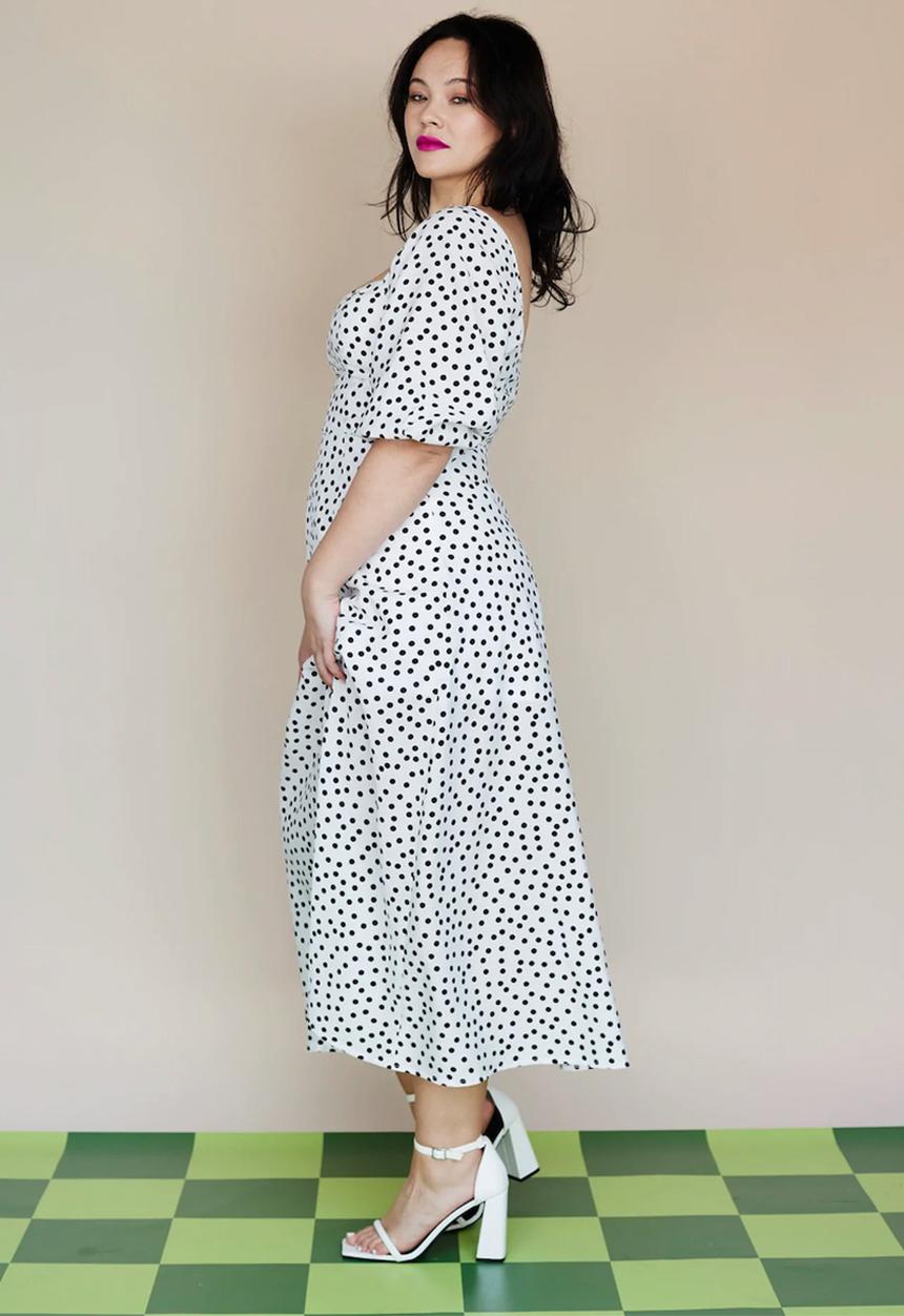 Me&B - Plus spot bodice tea dress - white & black