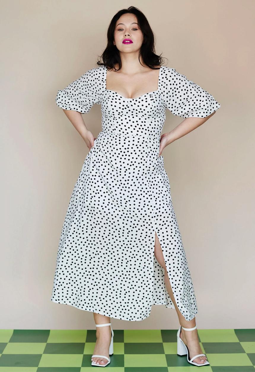 Me&B - Plus spot bodice tea dress - white & black