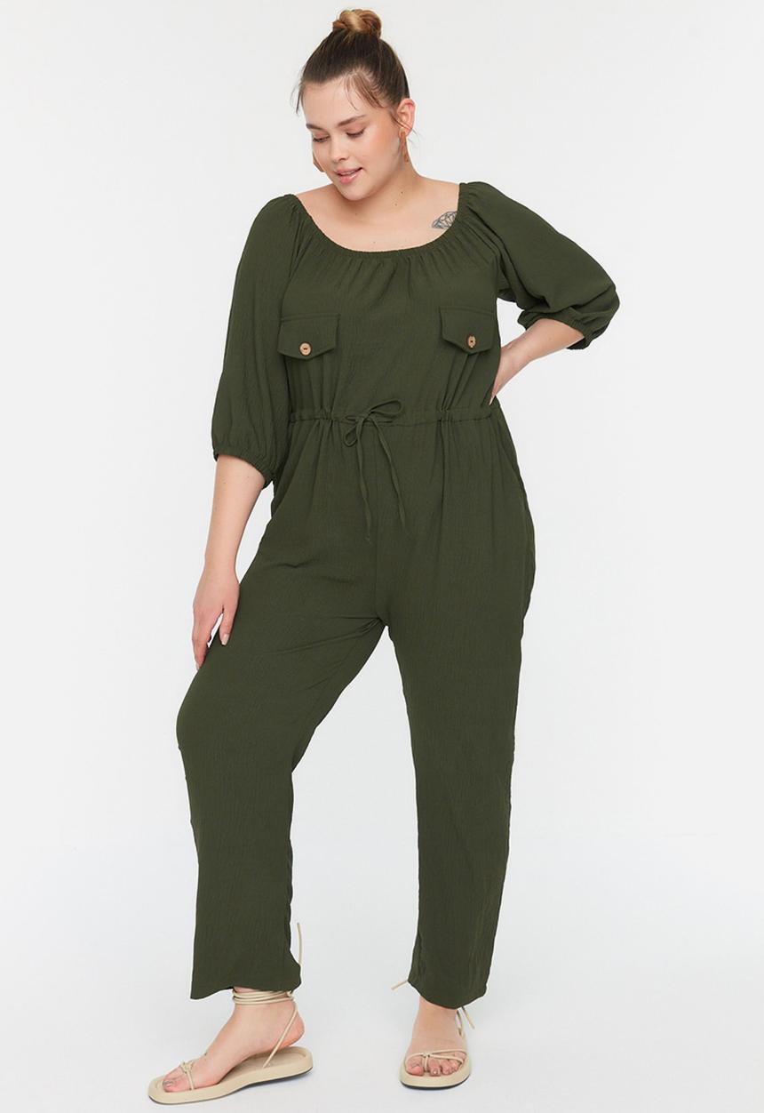Trendyol - Plus tie waist pocket detail jumpsuit - khaki