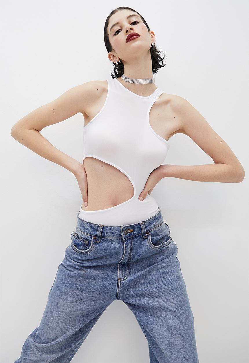 VELVET - Cut away racer knit bodysuit - white