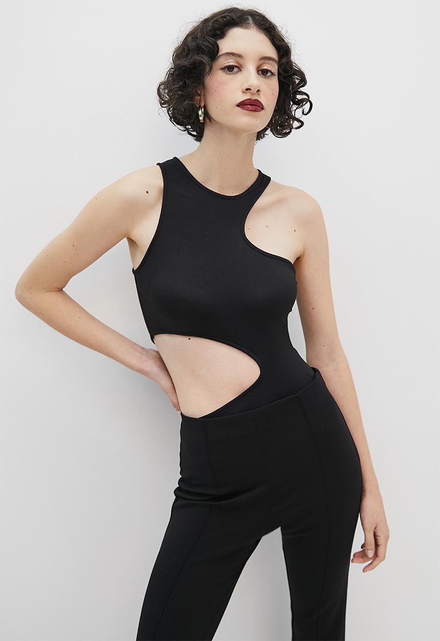 VELVET - Cut away racer knit bodysuit - black