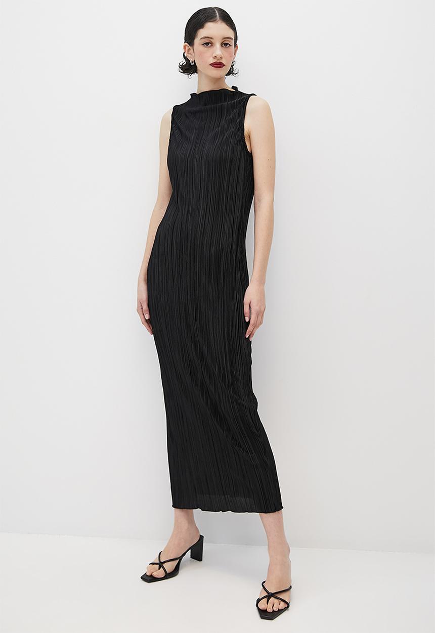VELVET - Sleeveless funnel neck textured knit column midi dress - black