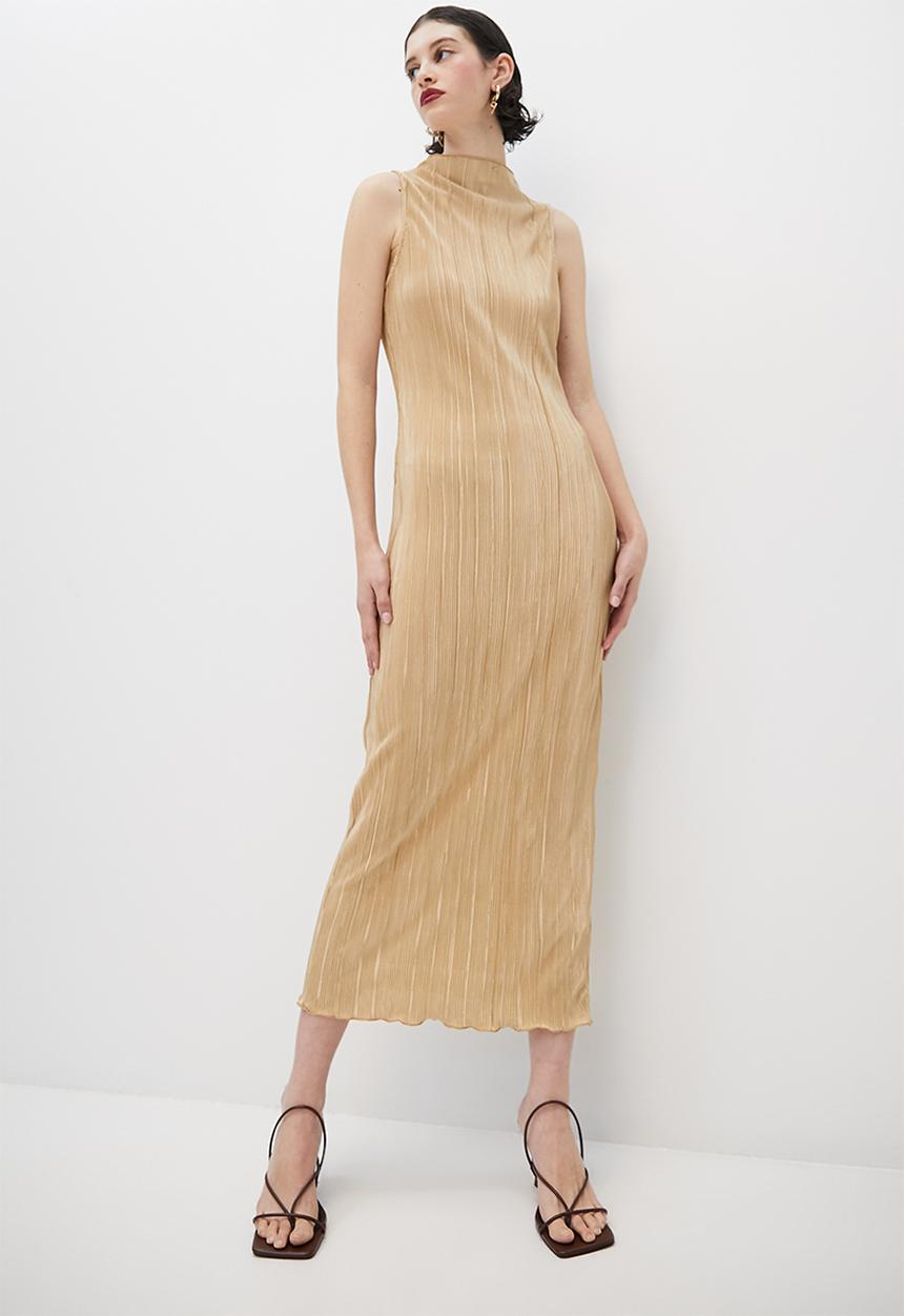 VELVET - Sleeveless funnel neck textured knit column midi dress - stone