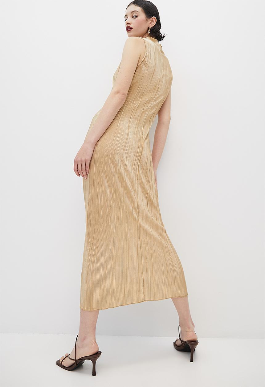 VELVET - Sleeveless funnel neck textured knit column midi dress - stone