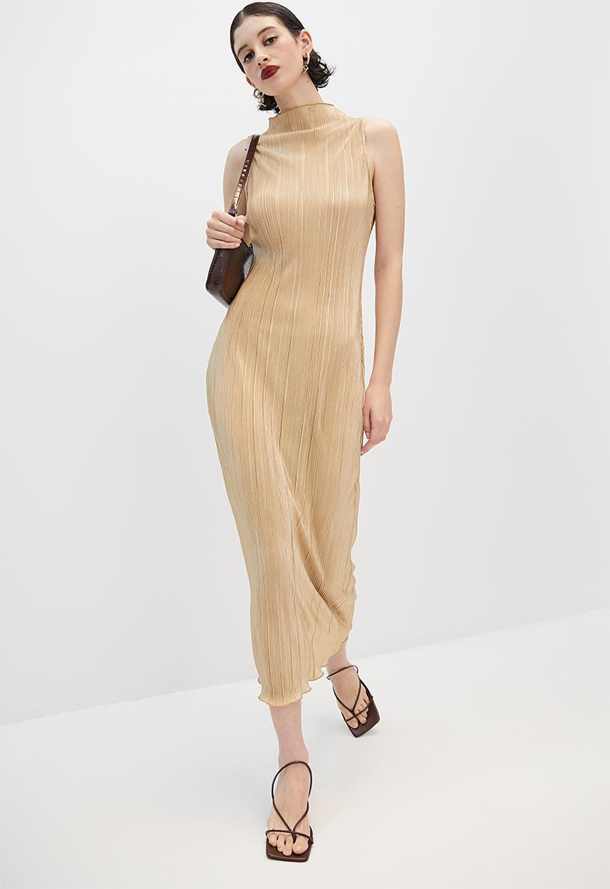VELVET - Sleeveless funnel neck textured knit column midi dress - stone