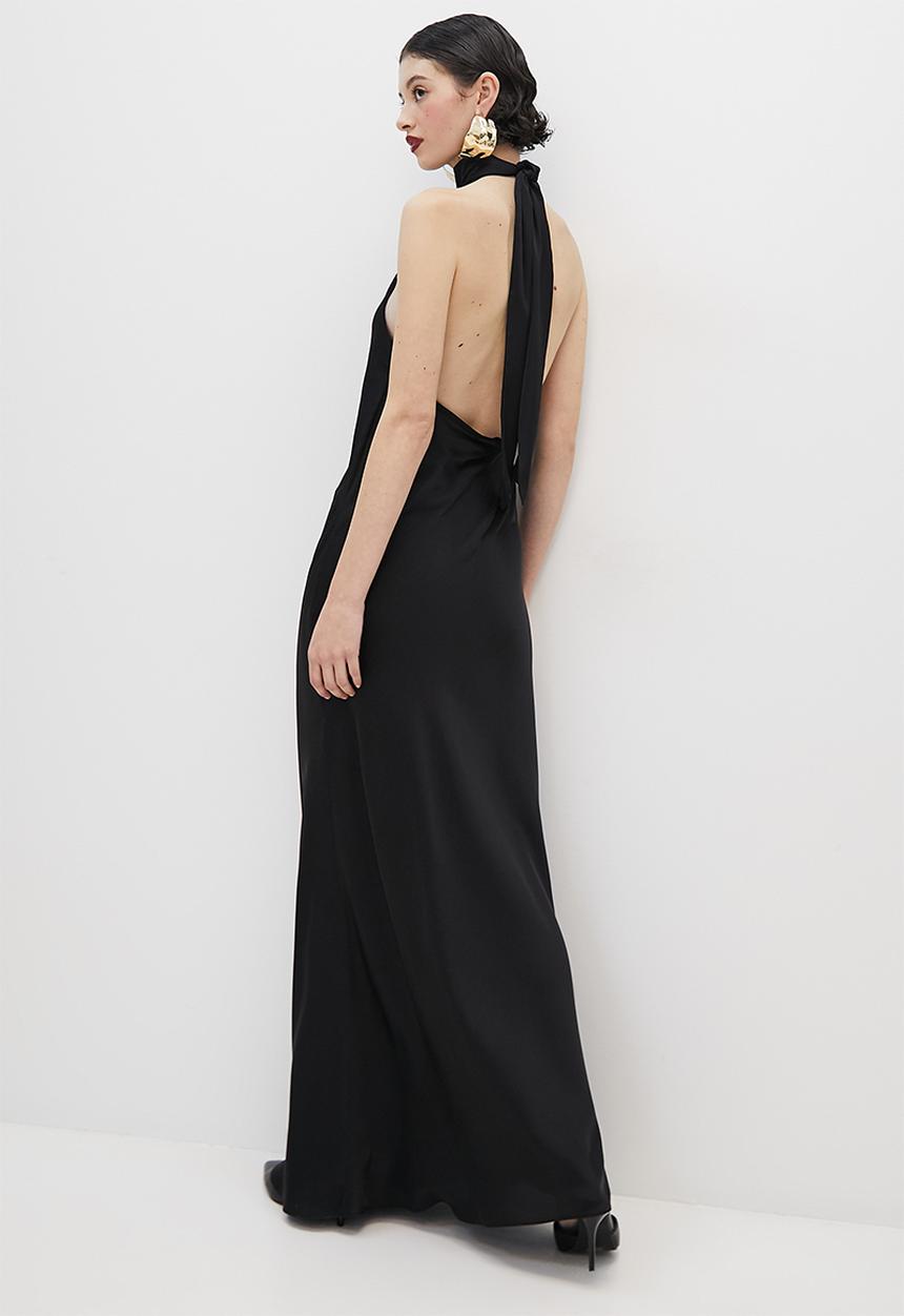 VELVET - Satin halter tie back maxi slip dress - black