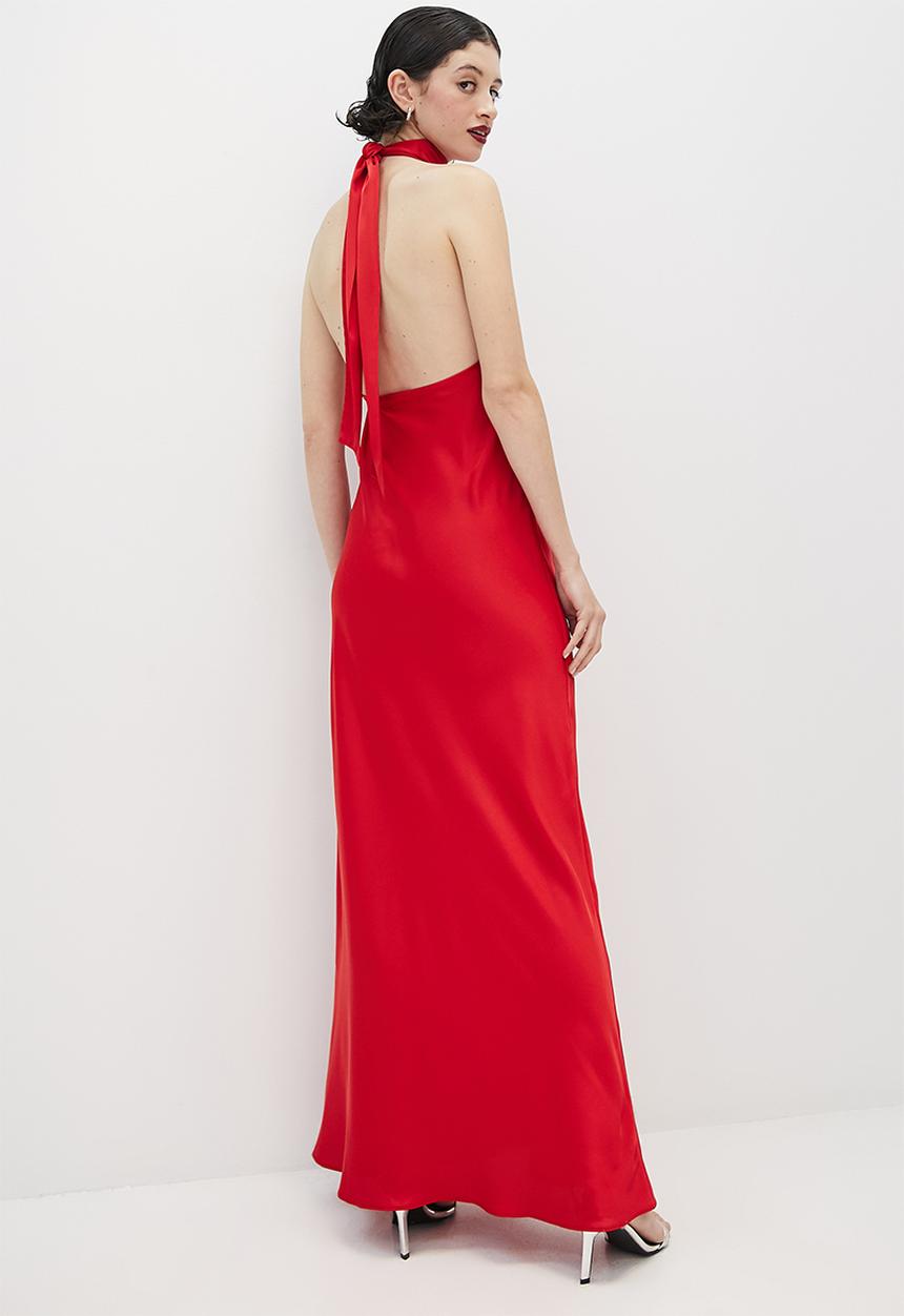 VELVET - Satin halter tie back maxi slip dress - red