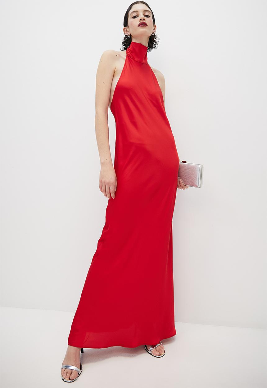 VELVET - Satin halter tie back maxi slip dress - red