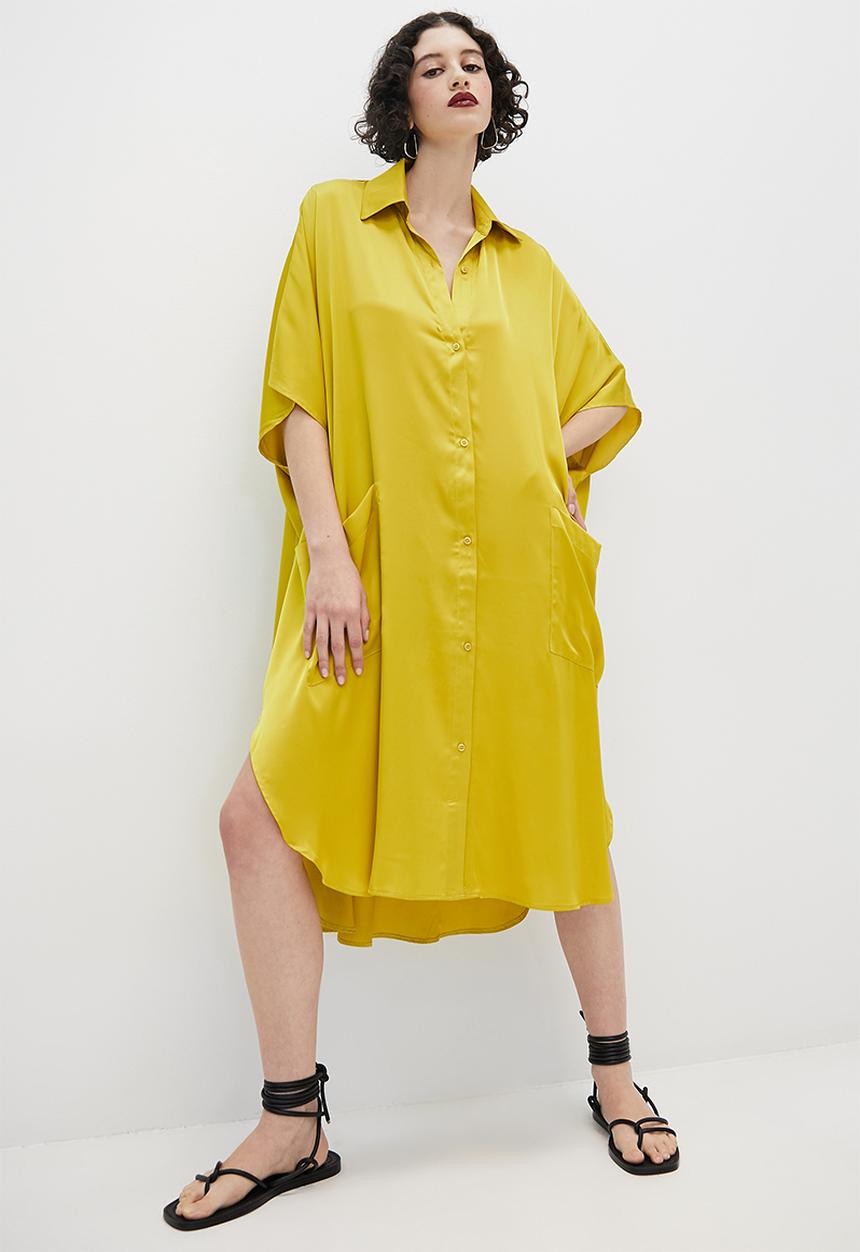 VELVET - Satin button through kaftan dress with slits - sulphur yellow