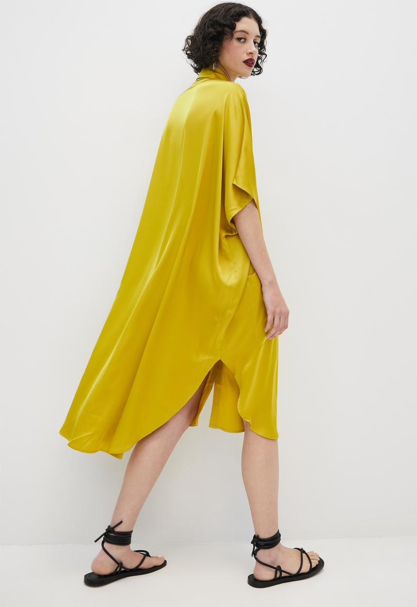 VELVET - Satin button through kaftan dress with slits - sulphur yellow