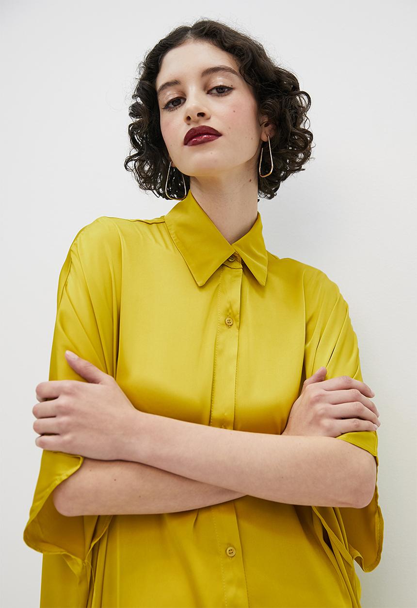 VELVET - Satin button through kaftan dress with slits - sulphur yellow