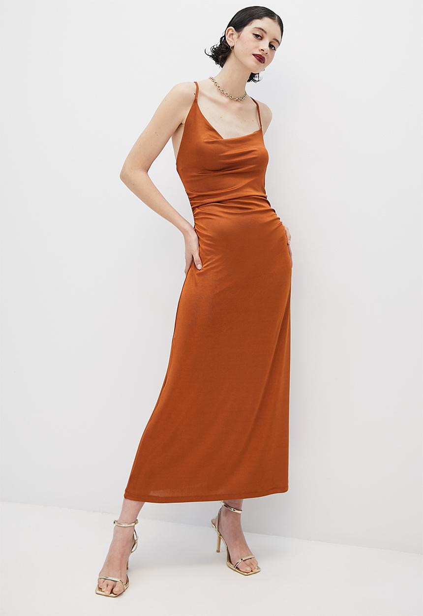VELVET - Slinky knit cowl slip dress with tie detail - rust