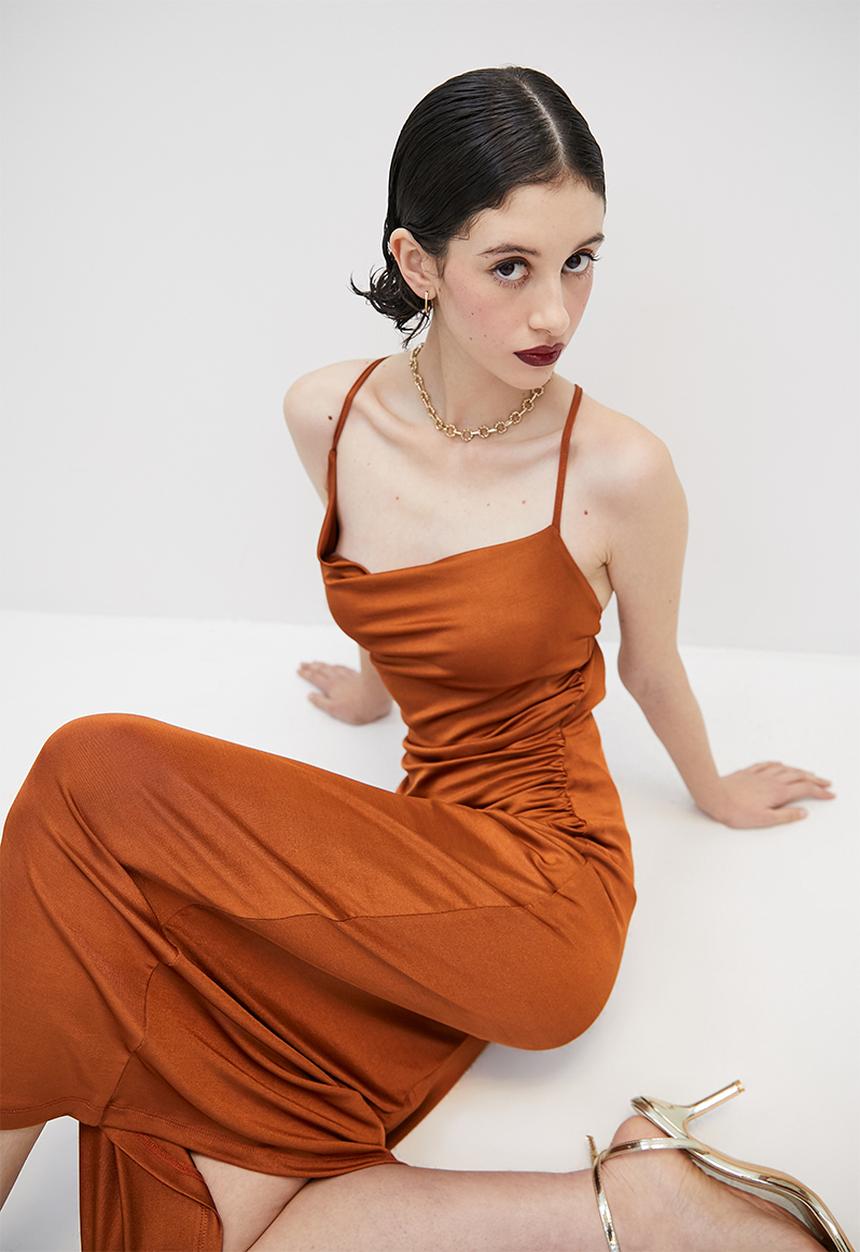 VELVET - Slinky knit cowl slip dress with tie detail - rust