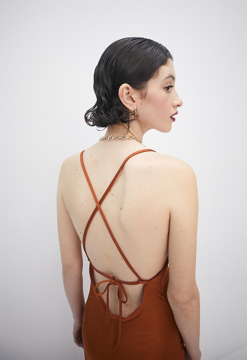 VELVET - Slinky knit cowl slip dress with tie detail - rust