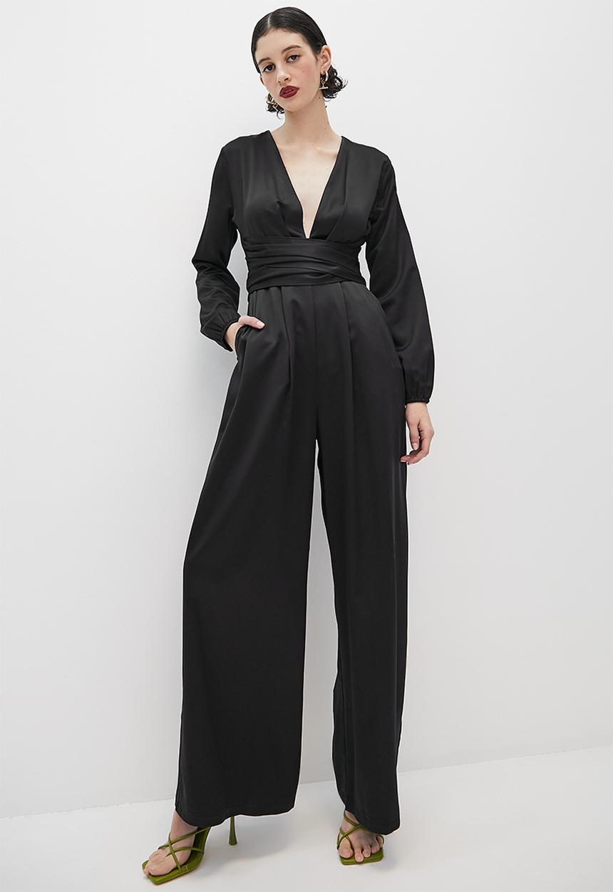 VELVET - Satin plunging long sleeve jumpsuit - black
