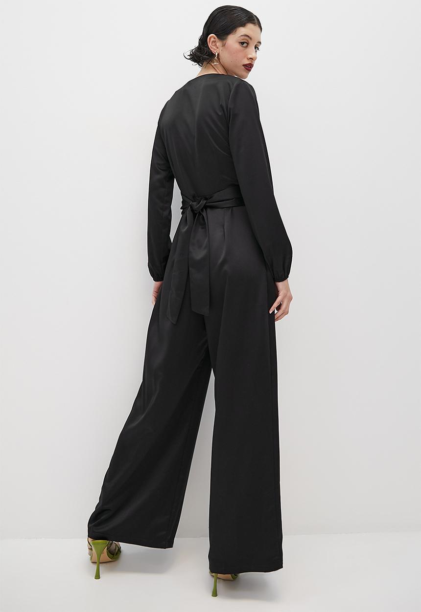 VELVET - Satin plunging long sleeve jumpsuit - black