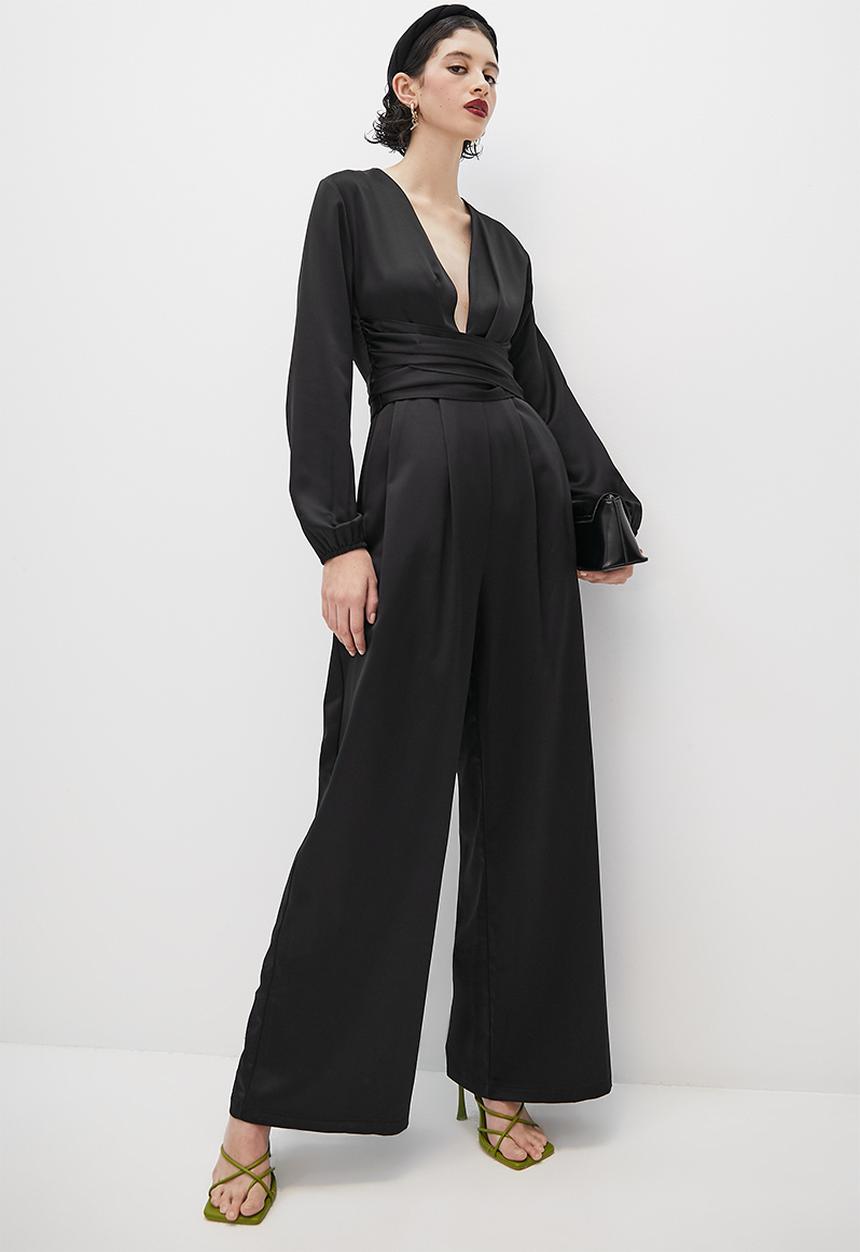 VELVET - Satin plunging long sleeve jumpsuit - black