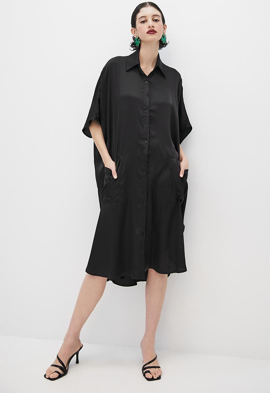VELVET - Satin button through kaftan dress with slits - black