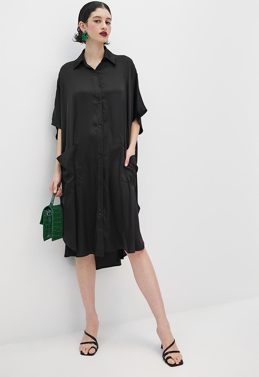 VELVET - Satin button through kaftan dress with slits - black
