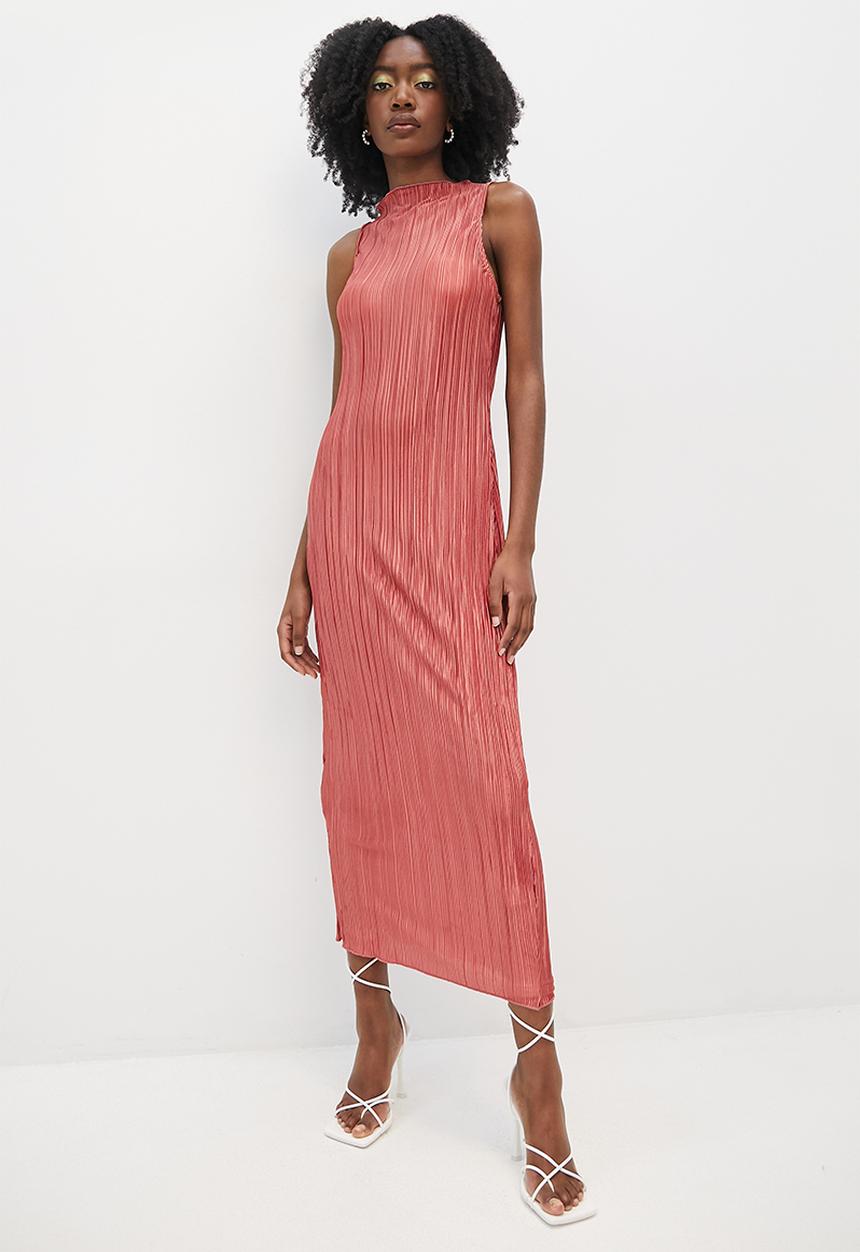 VELVET - Sleeveless funnel neck textured knit column midi dress - rose