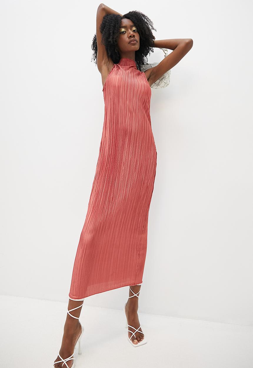 VELVET - Sleeveless funnel neck textured knit column midi dress - rose