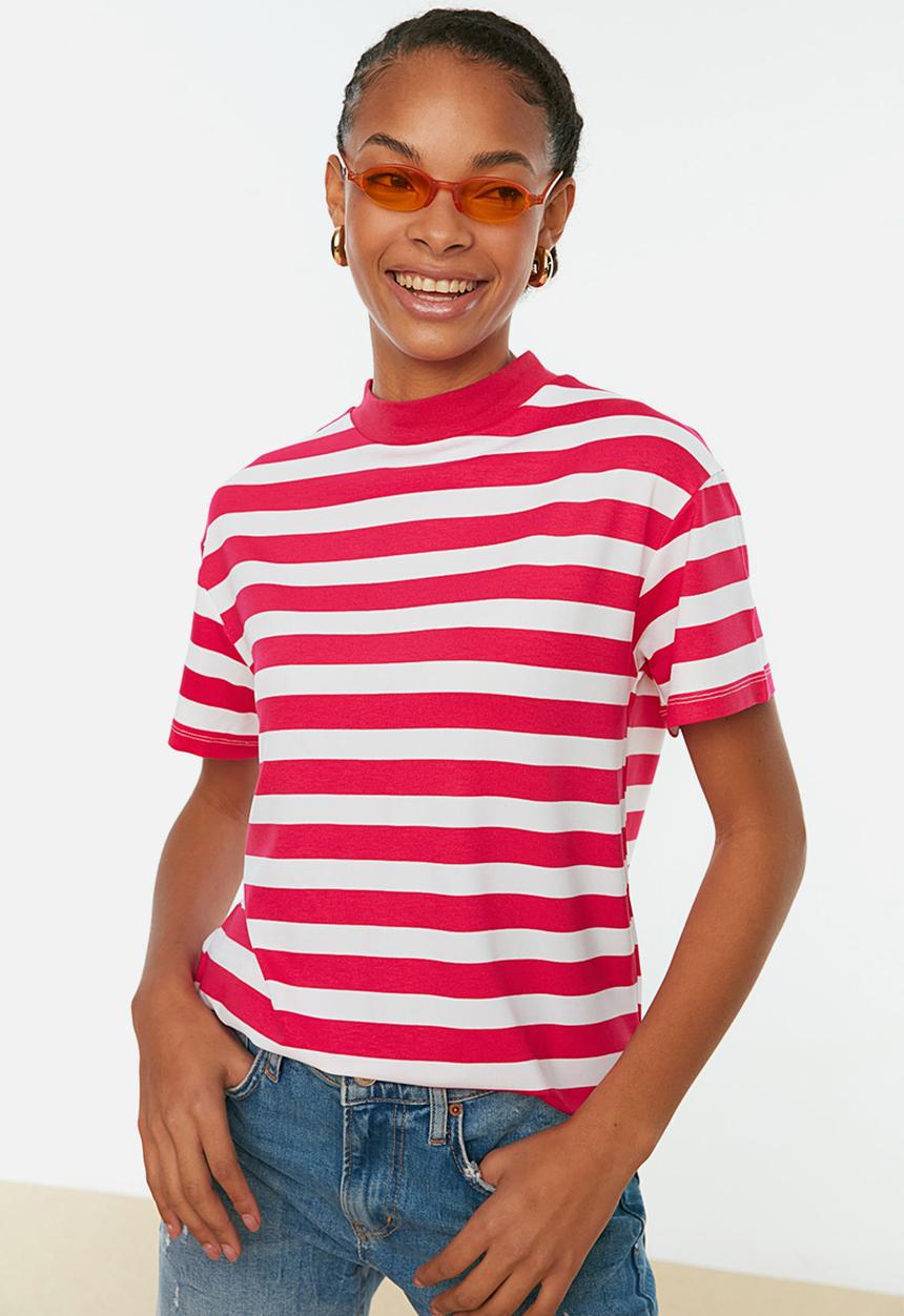 Trendyol - Striped basic knit t-shirt - pink